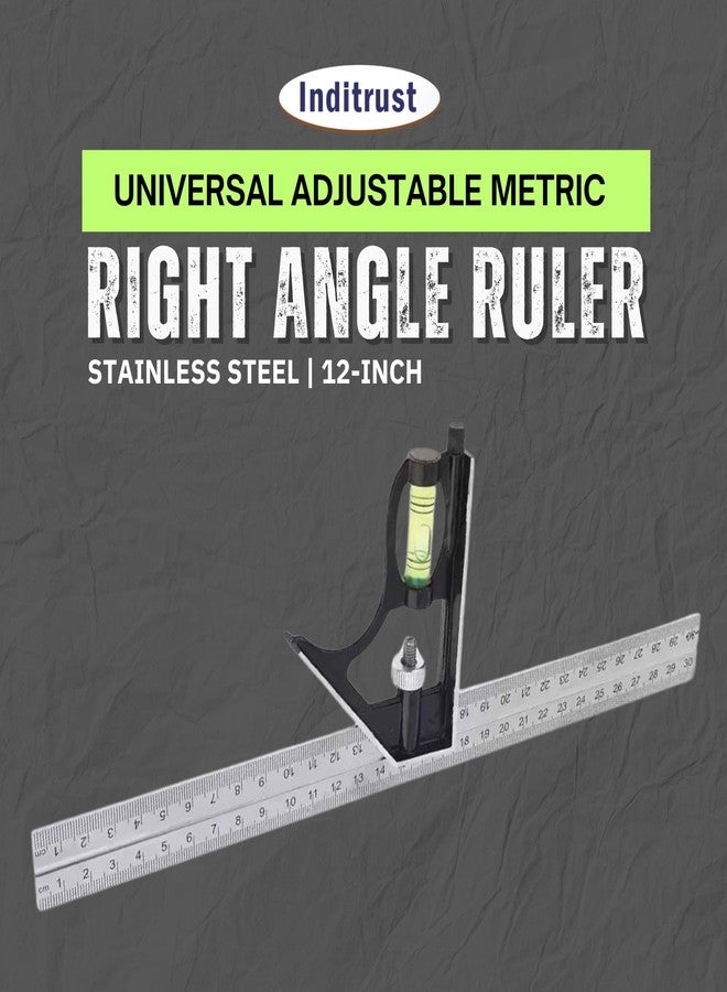Inditrust مجموعة أدوات قياس متعددة الوظائف من الفولاذ المقاوم للصدأ، مقاس 12 بوصة، قابلة للتعديل، من إنديترست، تتضمن مسطرة زاوية قائمة ومسطرة قياس. - Image 2